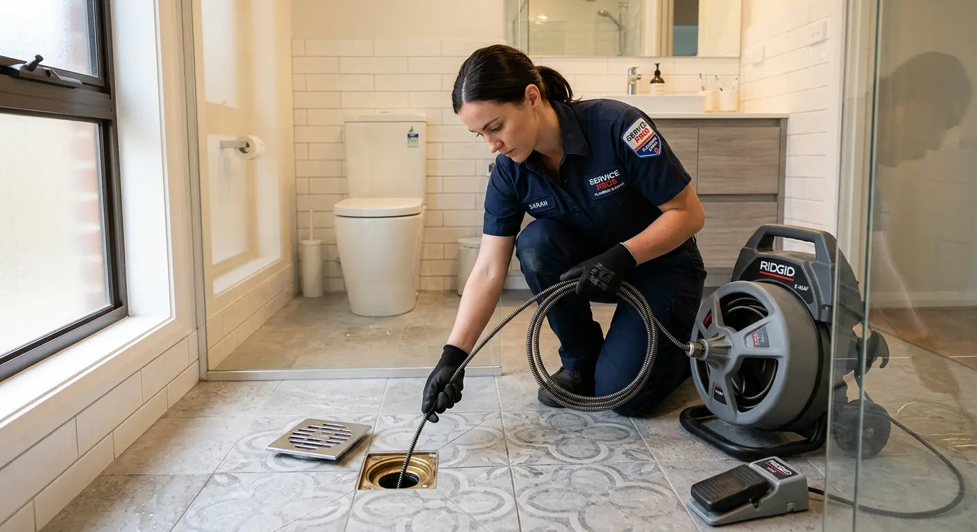 Technician clearing a bathroom floor drain for Hydro Jetting in Concord
